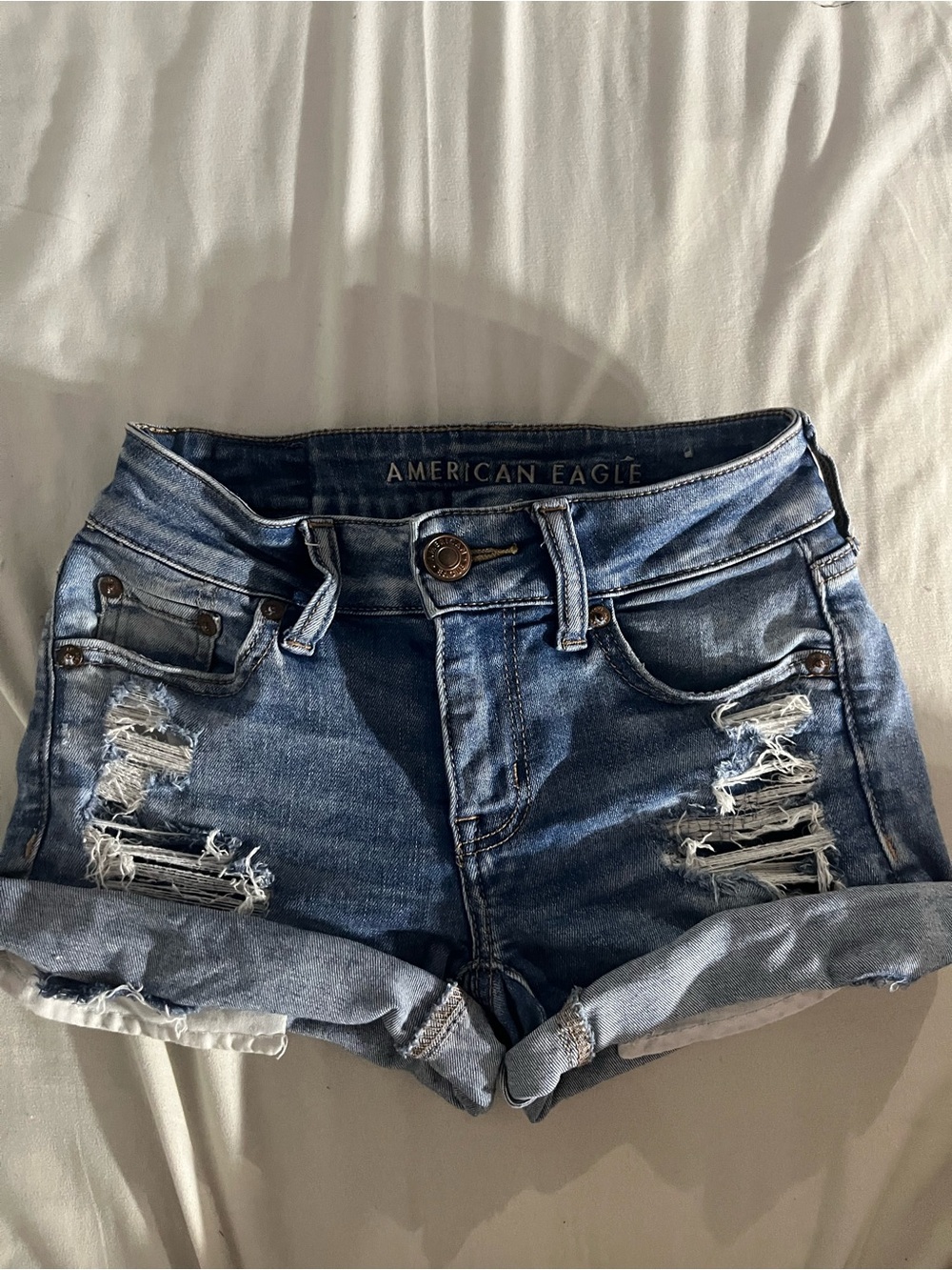 American Eagle Outfitters Distressed Rolled Hem Jean Shorts - Blue